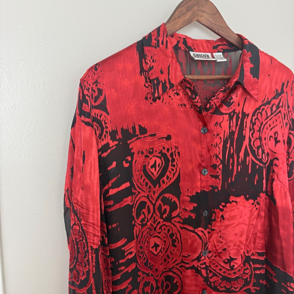 Chico's Size 2 Button Down Shirt Womens XL Red Black Silk Burnout Dark Feminine - Picture 4 of 11